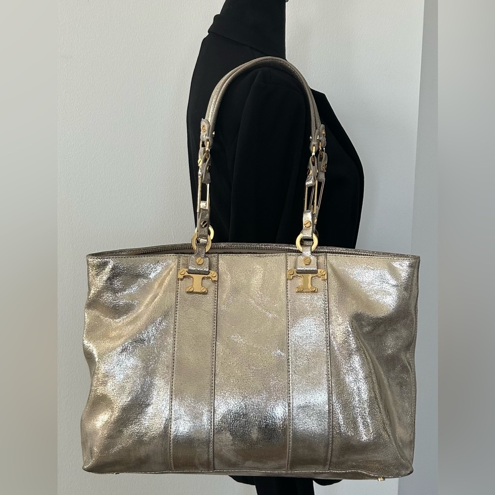 Tory Burch Gorgeous Distressed Gold Crinkle Leather Large Tote